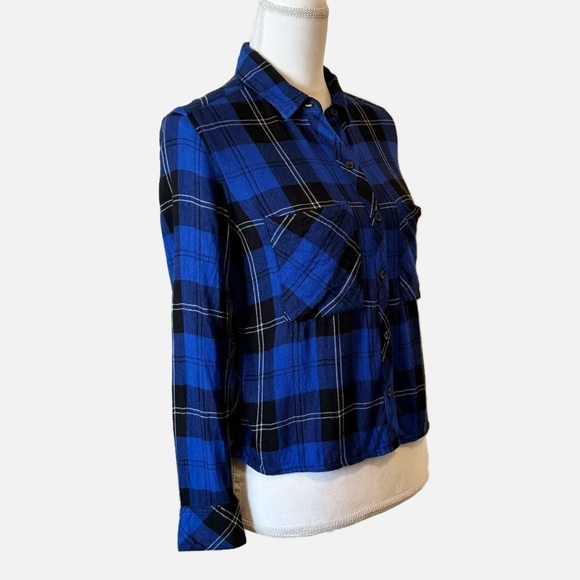 Rails Dylan Cobalt Tartan Plaid Button Down Cropped Shirt Small - Picture 4 of 12